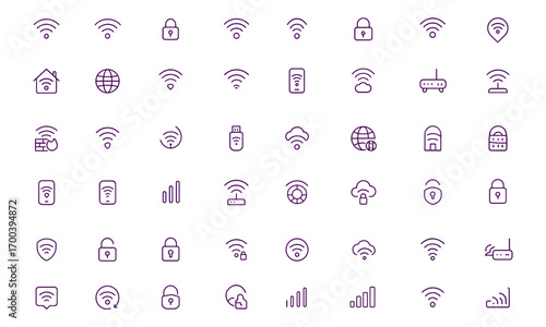WiFi icon set, outline wireless connection symbols with adjustable line stroke, secure lock, unlock, hotspot, router, laptop, mobile, tablet, computer, firewall, broadband, cyberspace, digital network