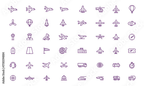 Aviation icon set, airplane, aircraft, aeroplane, private jet, airliner, helicopter, hot air balloon, rocket, spaceship, airship, parachute, propeller, fighter, turbofan, rotorcraft, hydroplane