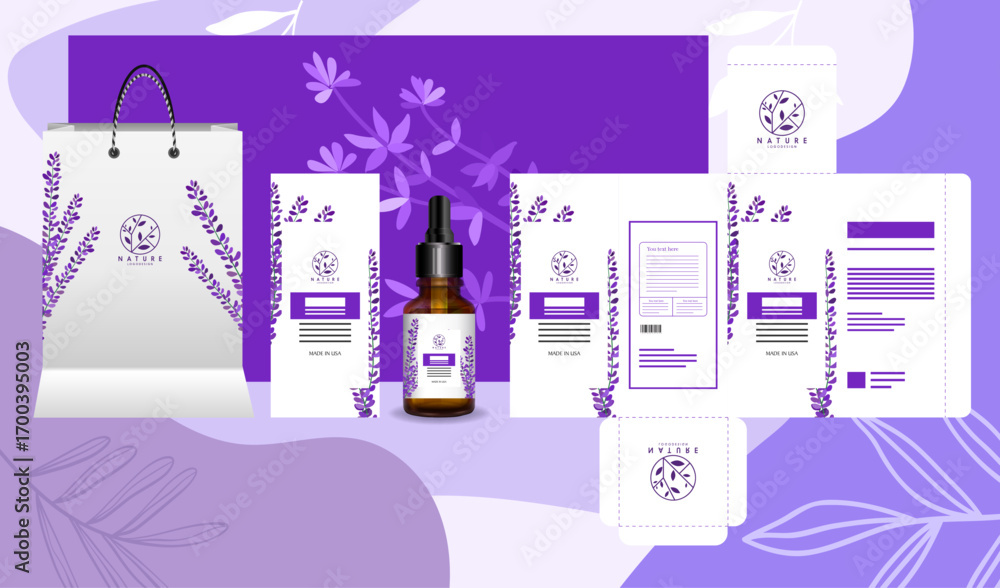 Fototapeta premium Branding identity sets elegant violet plants decor