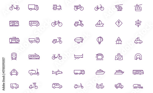 Transportation vector icon set, adjustable stroke outline collection of car, bus, train, truck, bike, scooter, motorcycle, ship, airplane, helicopter, gondola, subway, monorail, tourism, travel symbol