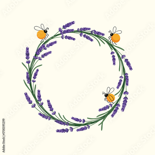 Whimsical lavender wreath with adorable bees buzzing around
