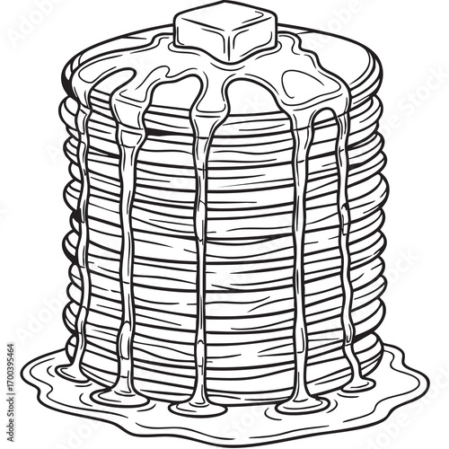 Stack of pancakes with dripping syrup and butter