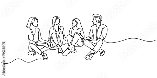 Group of young people sitting on ground together and talking. Friends rest and communicate. Continuous line art drawing stylem, Friends Group Continuous One Line Drawing. People Talking Minimalistic.