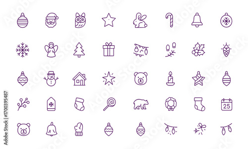 Christmas ornaments, vintage bauble, festive decoration icon set with adjustable stroke, linear outline design, includes Santa, owl, star, rabbit, bell, candy cane, snowman, holiday vector