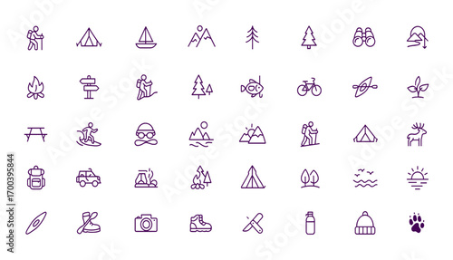 Outdoor Adventure Sports Icon Set, Hiking, Camping, Sailing, Kayaking, Trekking Pictogram Vector Illustrations, Adjustable Line Weight for Travel, Nature, Wilderness, Exploration, Recreation