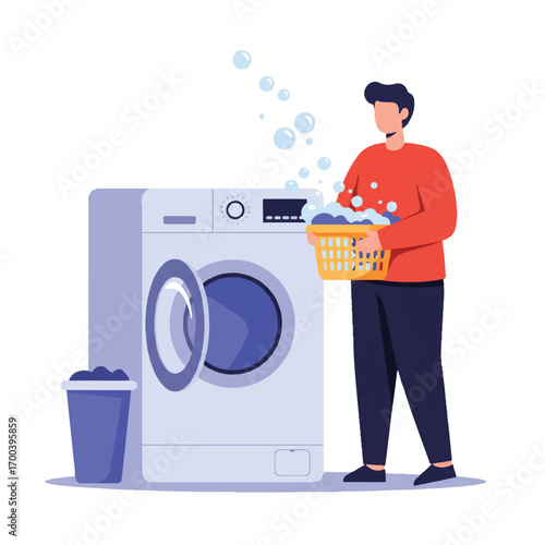 Man loads laundry into washing machine in bright, minimalist home setting, showcasing a routine chore with a clean and modern aesthetic.