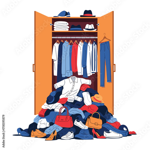 Organizing a messy closet filled with clothes and accessories