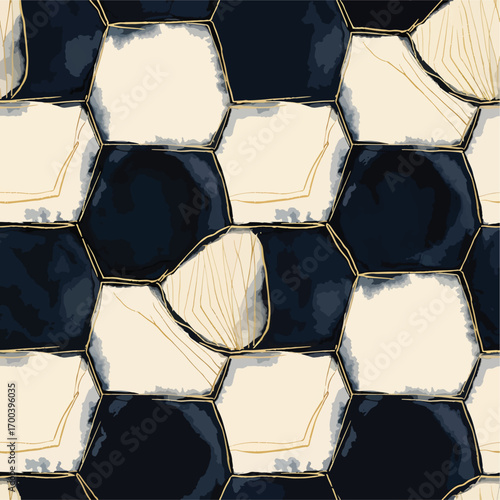 Abstract hexagon pattern with gold accents in navy and cream illustration, seamless pattern, royalty stock.