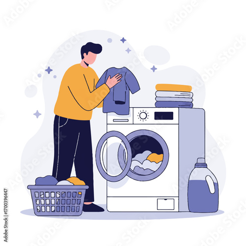Man doing laundry at home, sorting clothes near washing machine with detergent, showcasing domestic chores and cleanliness.
