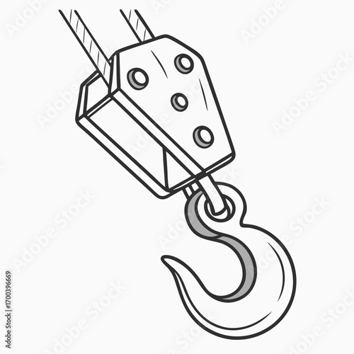 An isolated 3D industrial metal crane hook character with heavy steel construction on a white background