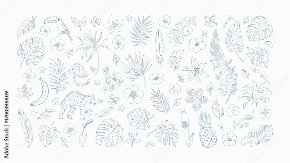 Fototapeta premium Hand drawn tropical elements collection with animals and plants