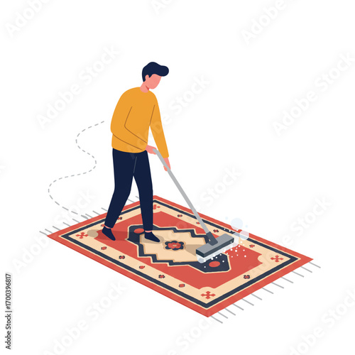 Man vacuums patterned rug in living room, removing dust and dirt with modern appliance for a clean and tidy home, showcasing domestic chores.