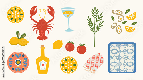 Mediterranean food and decor elements flat illustration