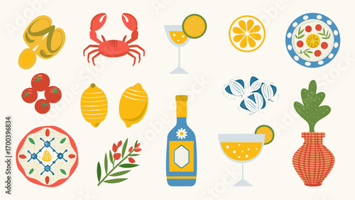 Summer vacation food and drink icons collection