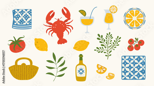 Summer picnic food and drink elements with mediterranean vibe