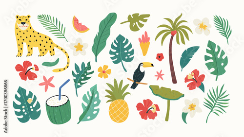 Cute tropical jungle animals and plants illustration set