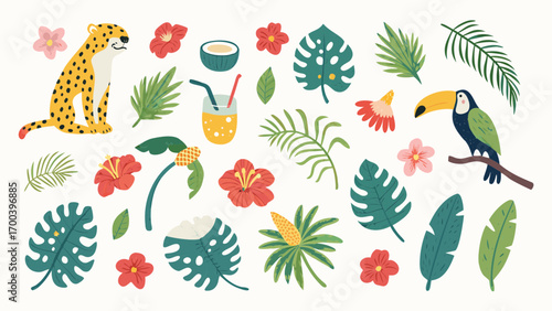 Tropical jungle elements with leopard toucan flowers and drinks