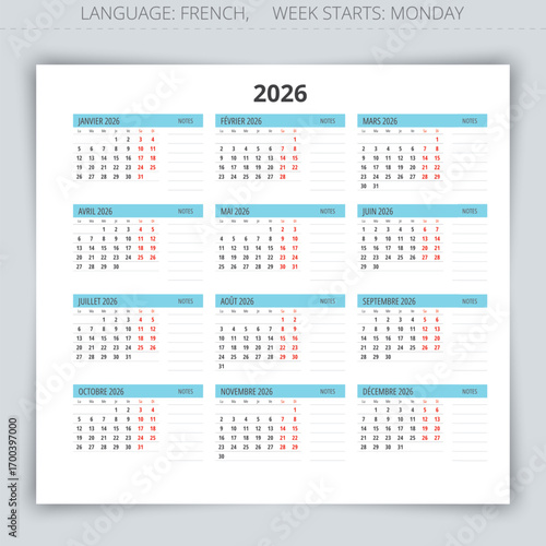 2026 french calendar for 12 months with space for notes. Vector year illustration for France