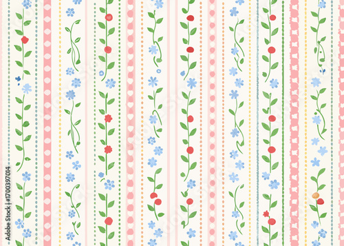 Charming floral vine pattern with pastel stripes and delicate flowers