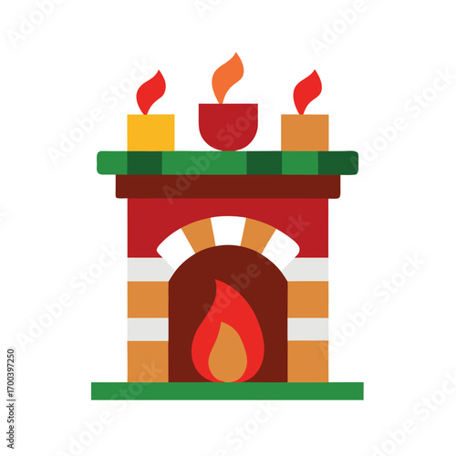 Flat design cartoon fireplace with three lit candles