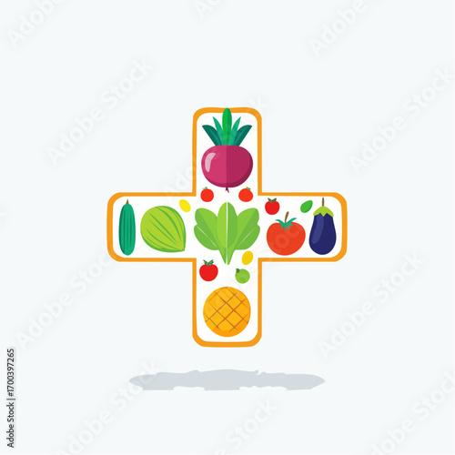 A visually appealing vector illustration depicting healthy food icons within a plus symbol