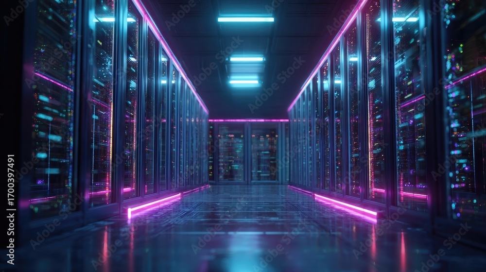 Fototapeta premium Futuristic data center corridor with glowing neon lights and rows of server racks, abstract technology background symbolizing cloud, network and security