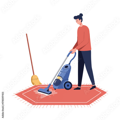 Person vacuuming red rug in living room with broom nearby, showcasing home cleaning routine for tidy and organized lifestyle.
