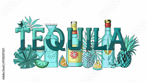 Tequila word art with bottles fruit and tropical leaves