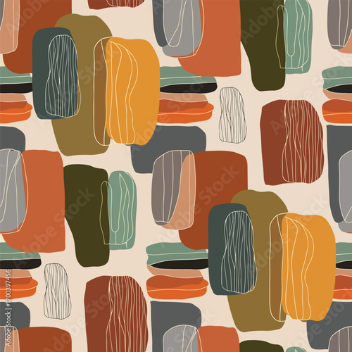 Abstract earth tone shapes create a seamless mid century modern pattern, seamless pattern, Stock royalty free image.