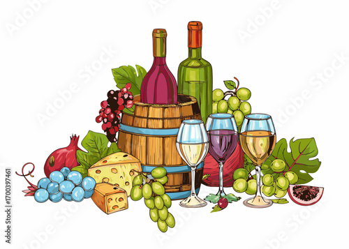 Wine tasting arrangement with cheese grapes and pomegranate