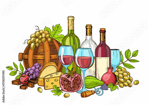 Still life of wine bottles glasses grapes cheese pomegranate and barrel
