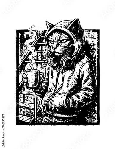 Cool Cat with Hoodie Drinking Coffee – Grunge Streetwear Vector

