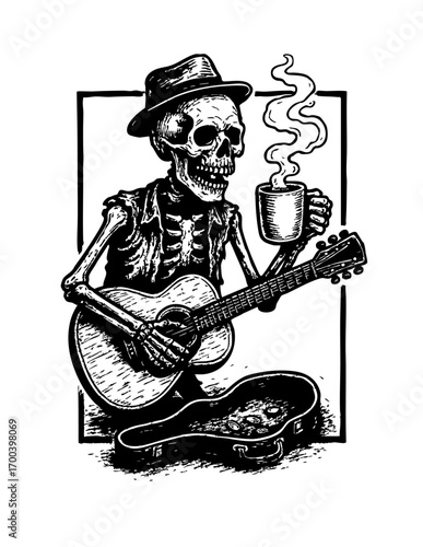 Skeleton Guitarist with Coffee – Street Musician Grunge Vector Illustration

