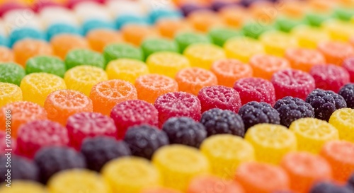 Colorful vitamin gummy candies arranged in vibrant rainbow pattern  