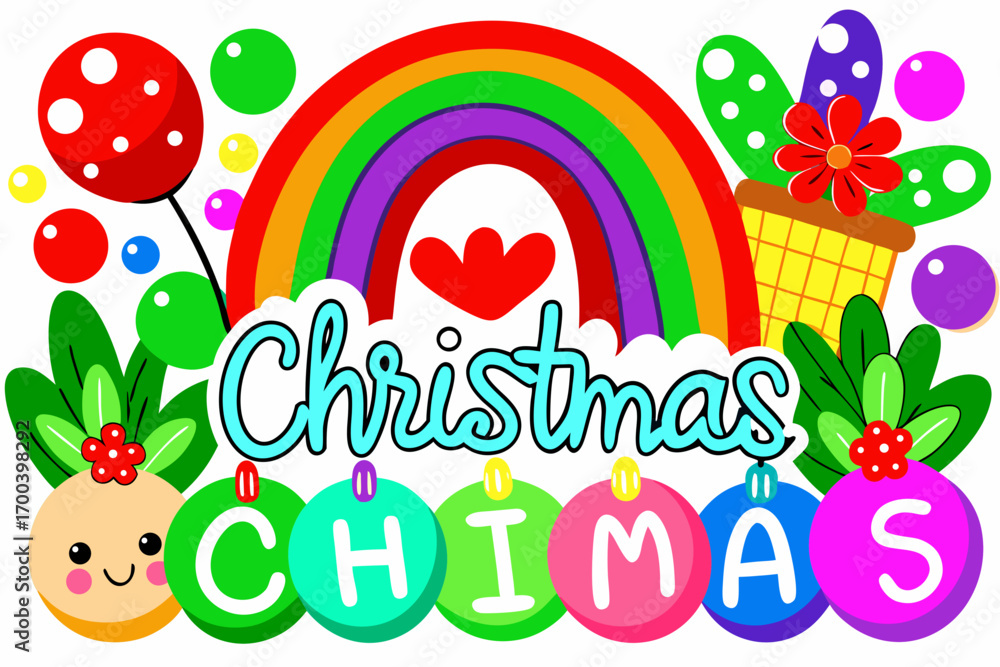 Obraz premium Whimsical Christmas text with rainbow and festive ornaments on white background holiday lettering