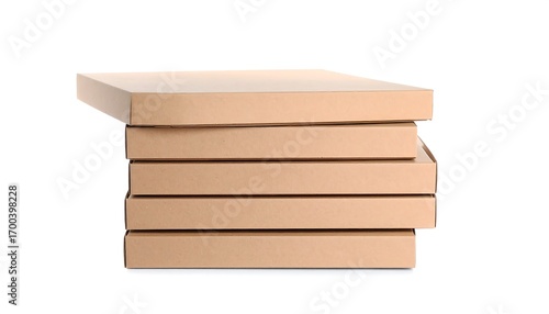 Stack of pizza boxes against white background