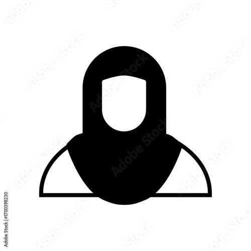 Black and white minimalist icon depicting a woman wearing a hijab or headscarf.