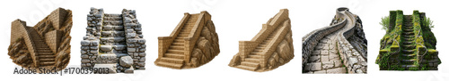 Stone stairs set including block, rough, winding, weathered, and overgrown designs isolated. Ancient architectural elements and historical paths.