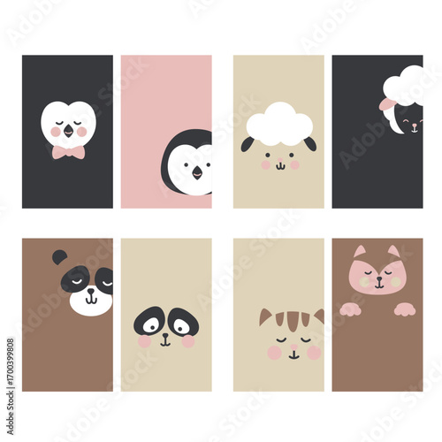 Set of eight cards with domestic and wild animals. Cat, sheep; bear; penguin and dog heads, animal faces icon set. Cute banners with characters isolated on white background.