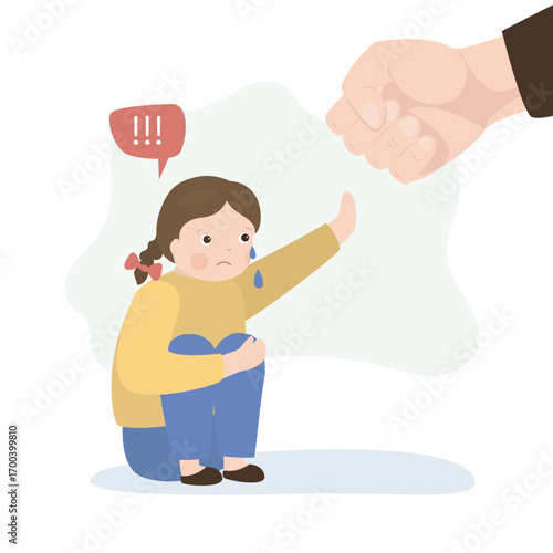 Domestic violence. Child abuse, bullying kids in corner. Little girl fighting from giant fist, protecting from abuse and domestic violence.
