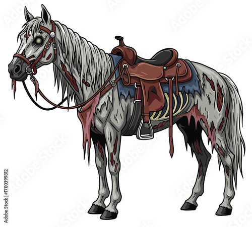 Scary undead zombie horse with glowing eyes, rotting flesh and exposed ribs, tattered saddle, Halloween horror creature, spooky undead animal