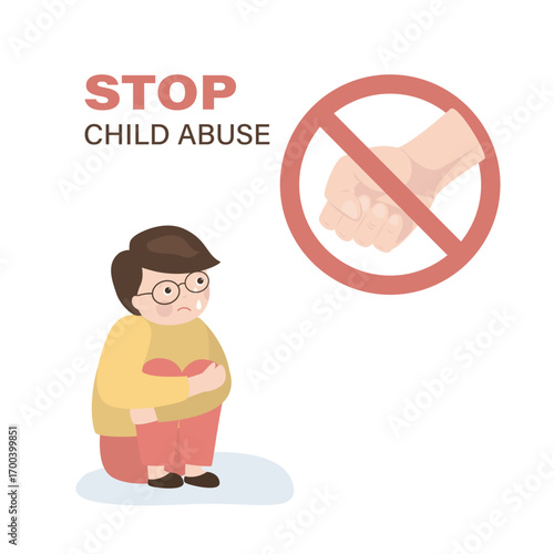 Fist in red stop circle, forbidden. No threatens and aggression small boy. Protect child from danger stop domestic violence and aggression. Stop child abuse, bullying, harassment.