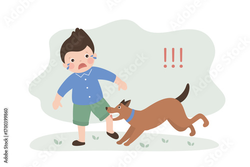 Homeless aggressive dog attacks and bites little boy. Frightened male character is afraid of an angry street dog. Rabies in animals, the danger of non-domestic dogs to humans.