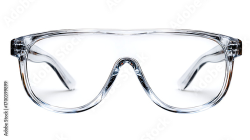 A close up shot of clear plastic safety glasses on a white background