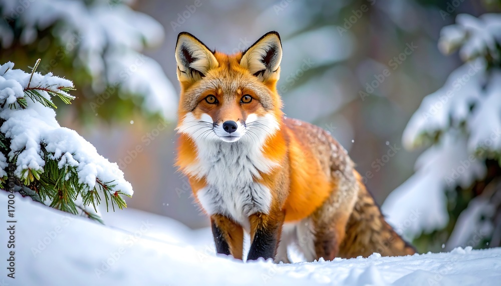 Obraz premium A magnificent red fox, detailed and alert, stands amidst a snowy forest scene.