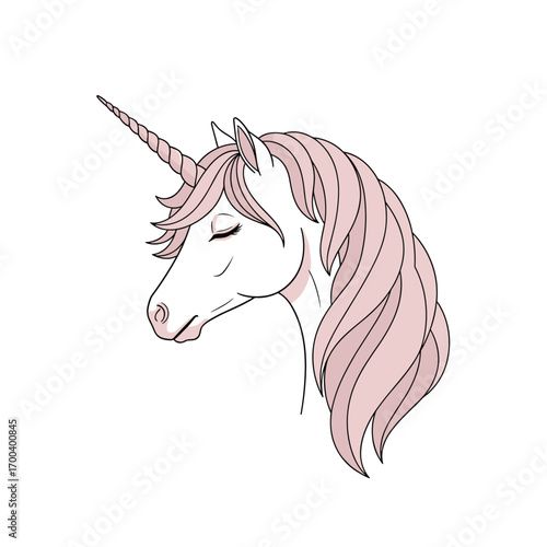 Elegant unicorn head illustration soft pink mane