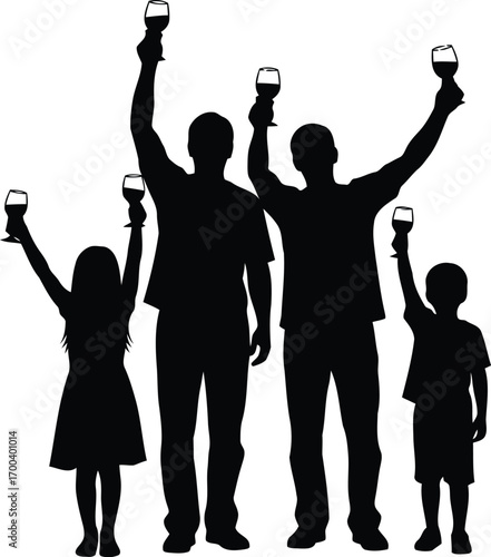Family silhouette toasting celebration with raised glasses joyful gathering transparent background