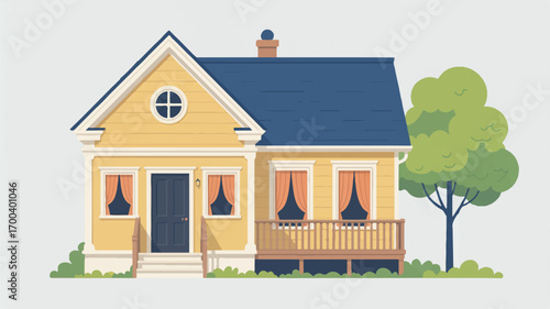 Vector art of charming yellow house with blue roof and tree