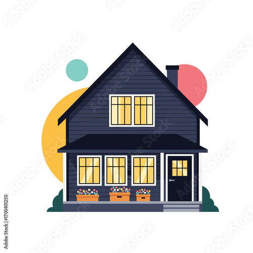 Charming dark blue house with potted flowers and decorative circles