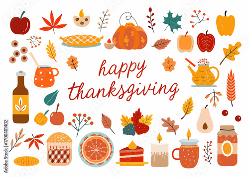 Happy thanksgiving surrounded by autumn harvest food and fall leaves